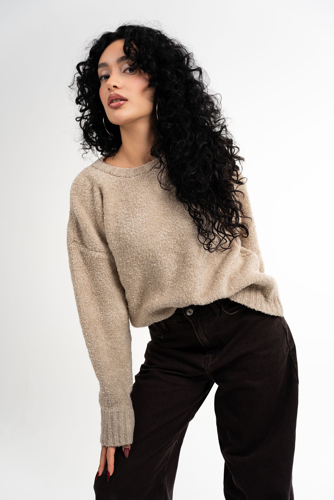 Bisiklet Yaka Yumuşak Dokulu Bej Kazak