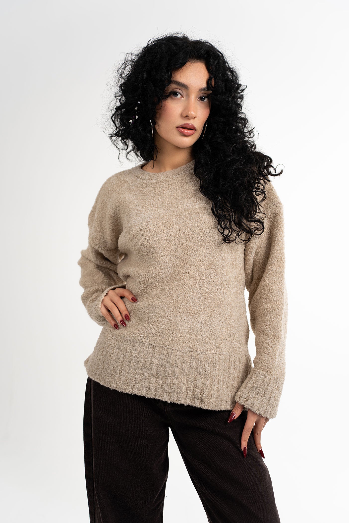 Bisiklet Yaka Yumuşak Dokulu Bej Kazak