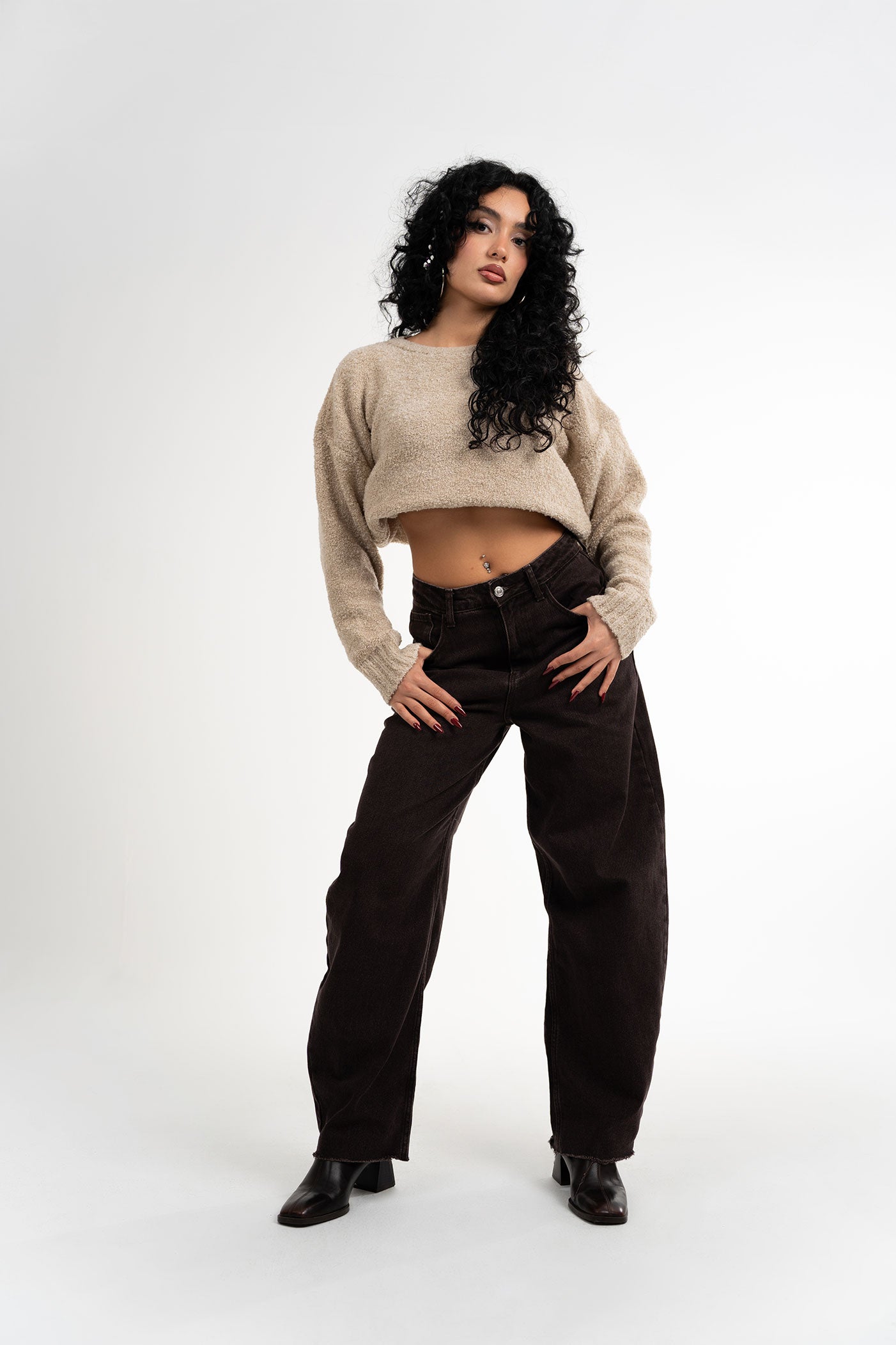 Balon Kesim Kesik Paça Kahverengi Kot Pantolon