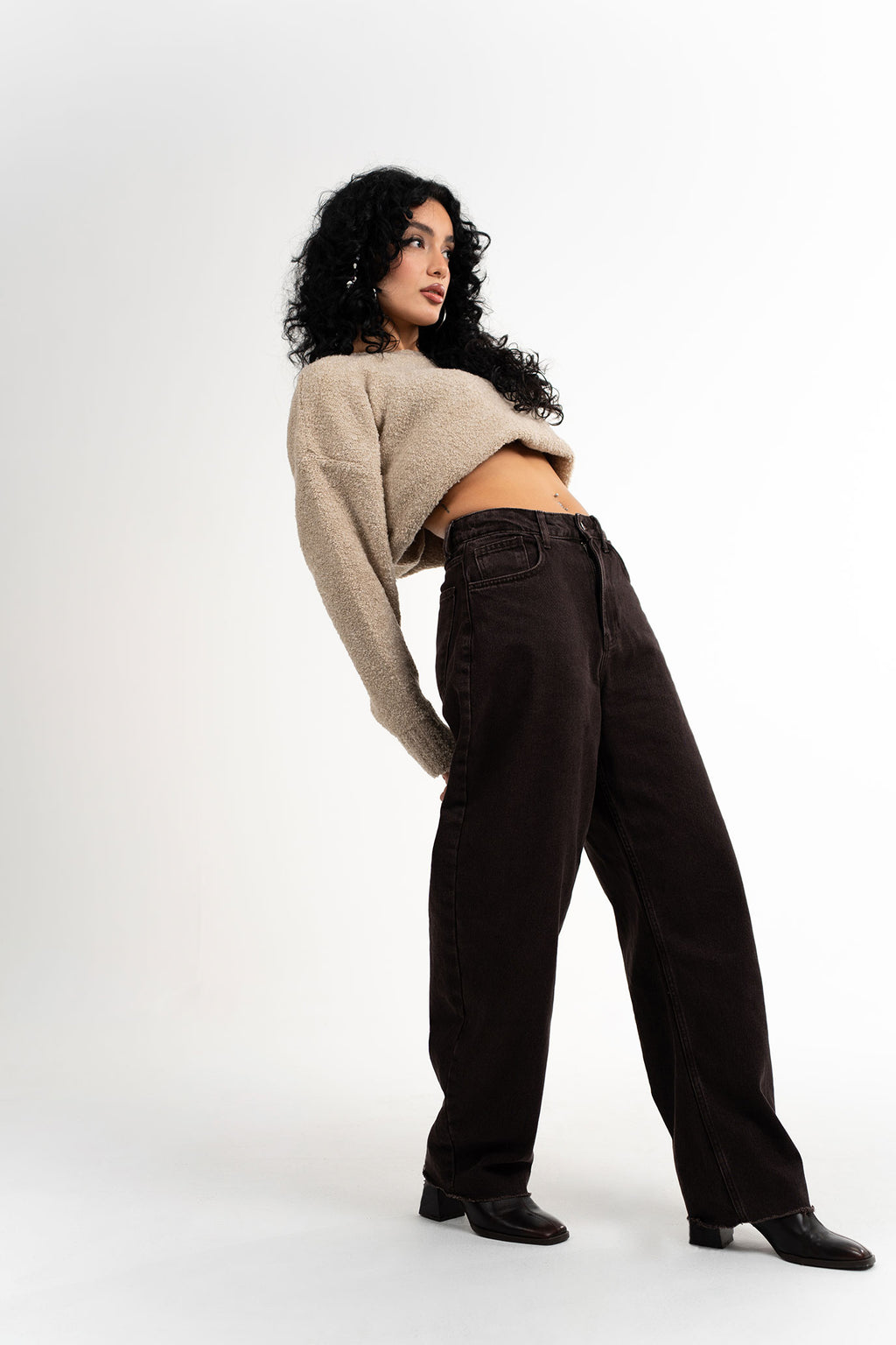 Balon Kesim Kesik Paça Kahverengi Kot Pantolon