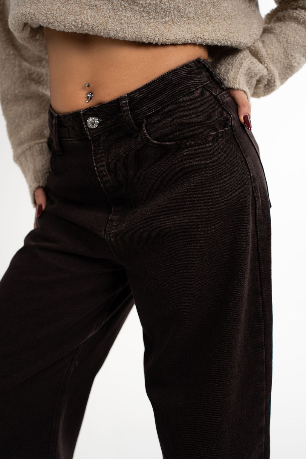 Balon Kesim Kesik Paça Kahverengi Kot Pantolon