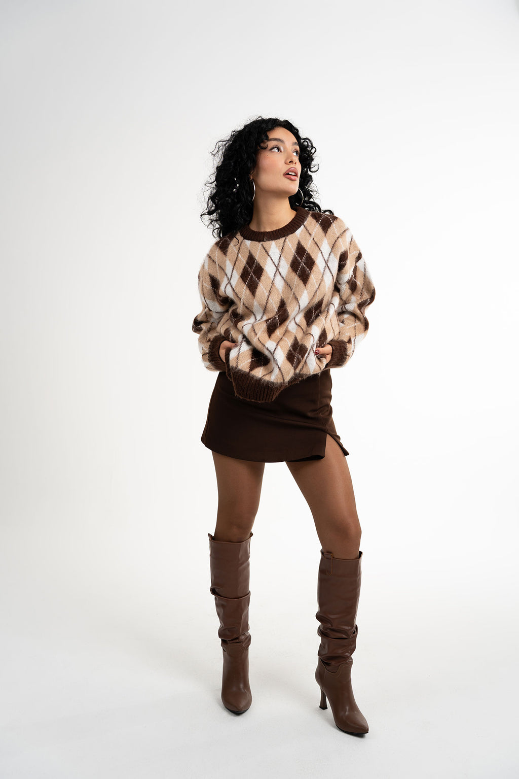 Baklava Desenli Bisiklet Yaka Kahverengi Kazak