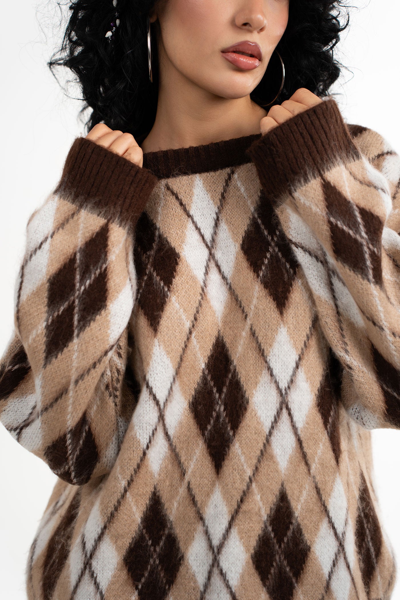 Baklava Desenli Bisiklet Yaka Kahverengi Kazak