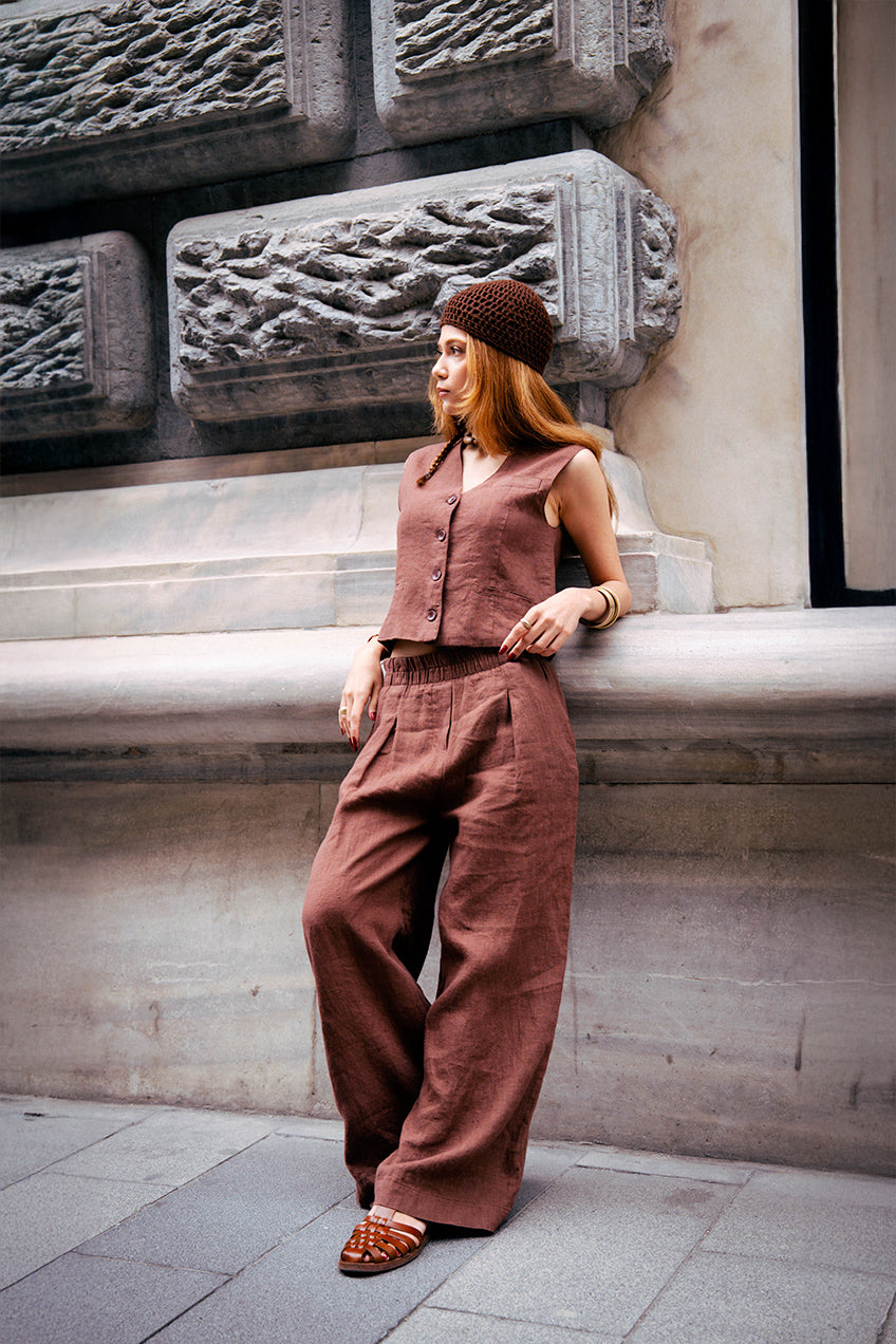 Astarlı & Cepli Keten Kahverengi Yelek Pantolon Takım