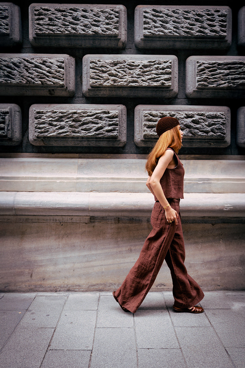 Astarlı & Cepli Keten Kahverengi Yelek Pantolon Takım