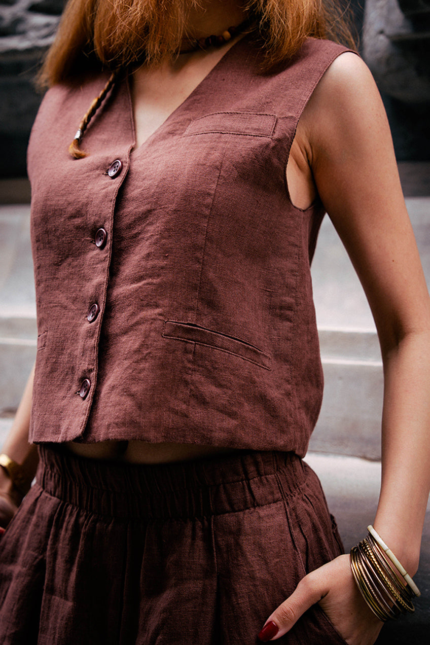 Astarlı & Cepli Keten Kahverengi Yelek Pantolon Takım