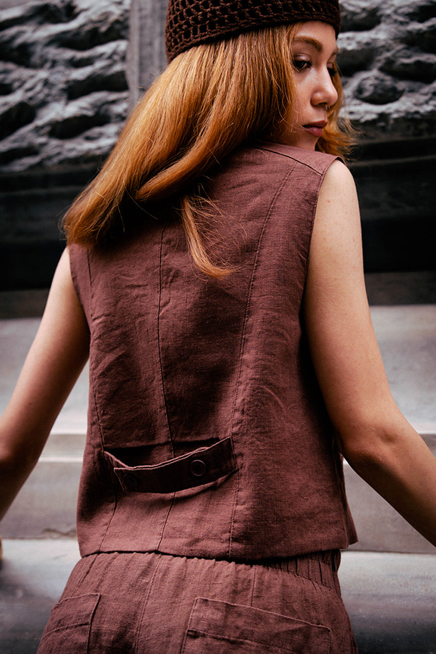 Astarlı & Cepli Keten Kahverengi Yelek Pantolon Takım