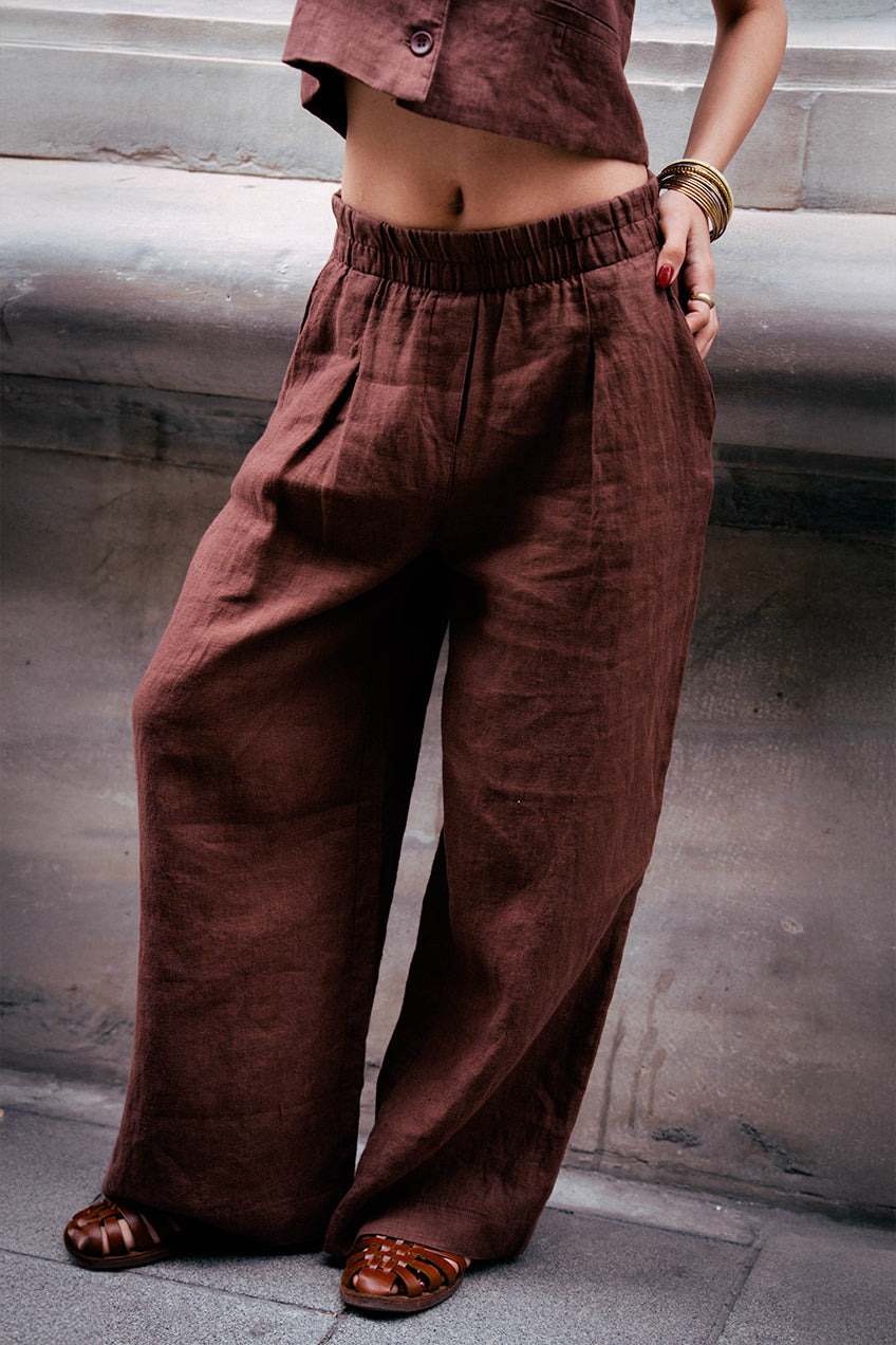 Astarlı & Cepli Keten Kahverengi Yelek Pantolon Takım