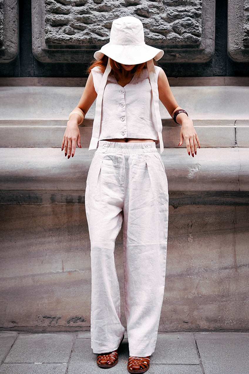 Astarlı & Cepli Keten Bej Yelek Pantolon Takım