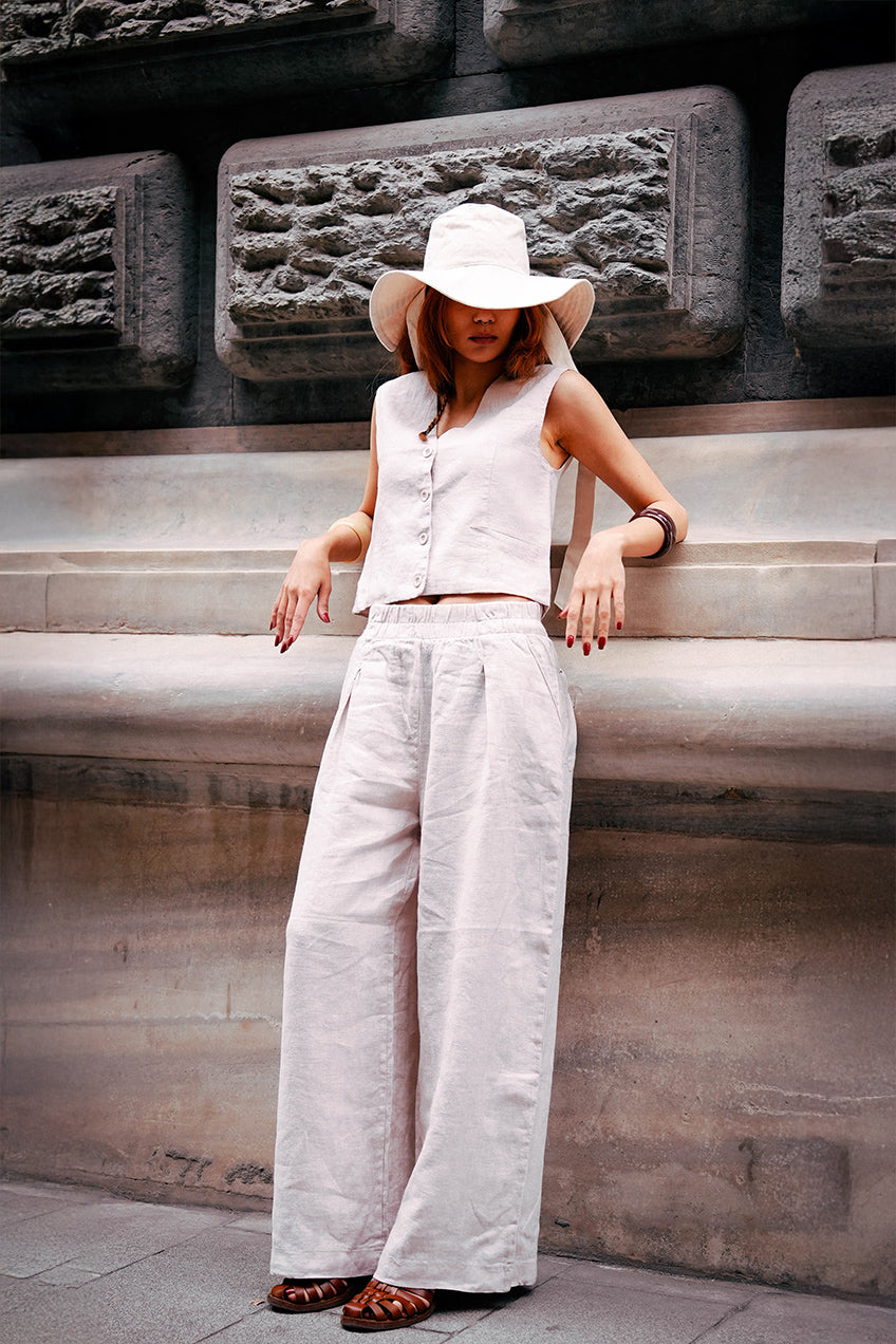 Astarlı & Cepli Keten Bej Yelek Pantolon Takım