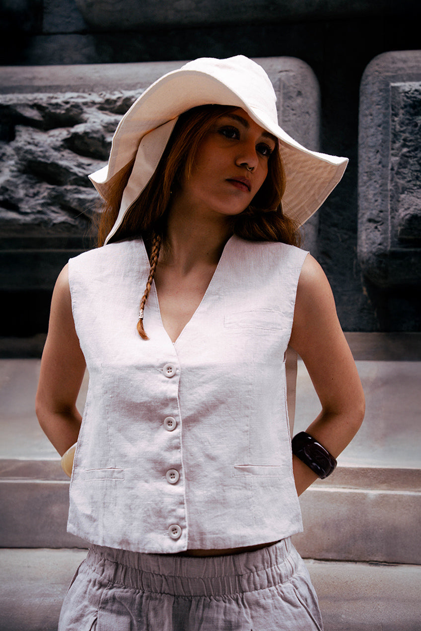 Astarlı & Cepli Keten Bej Yelek Pantolon Takım