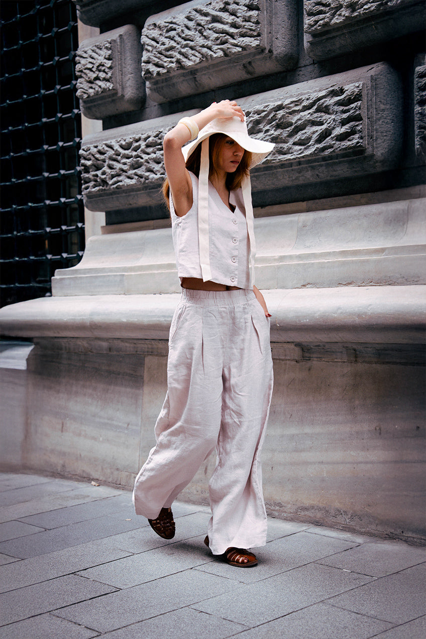 Astarlı & Cepli Keten Bej Yelek Pantolon Takım