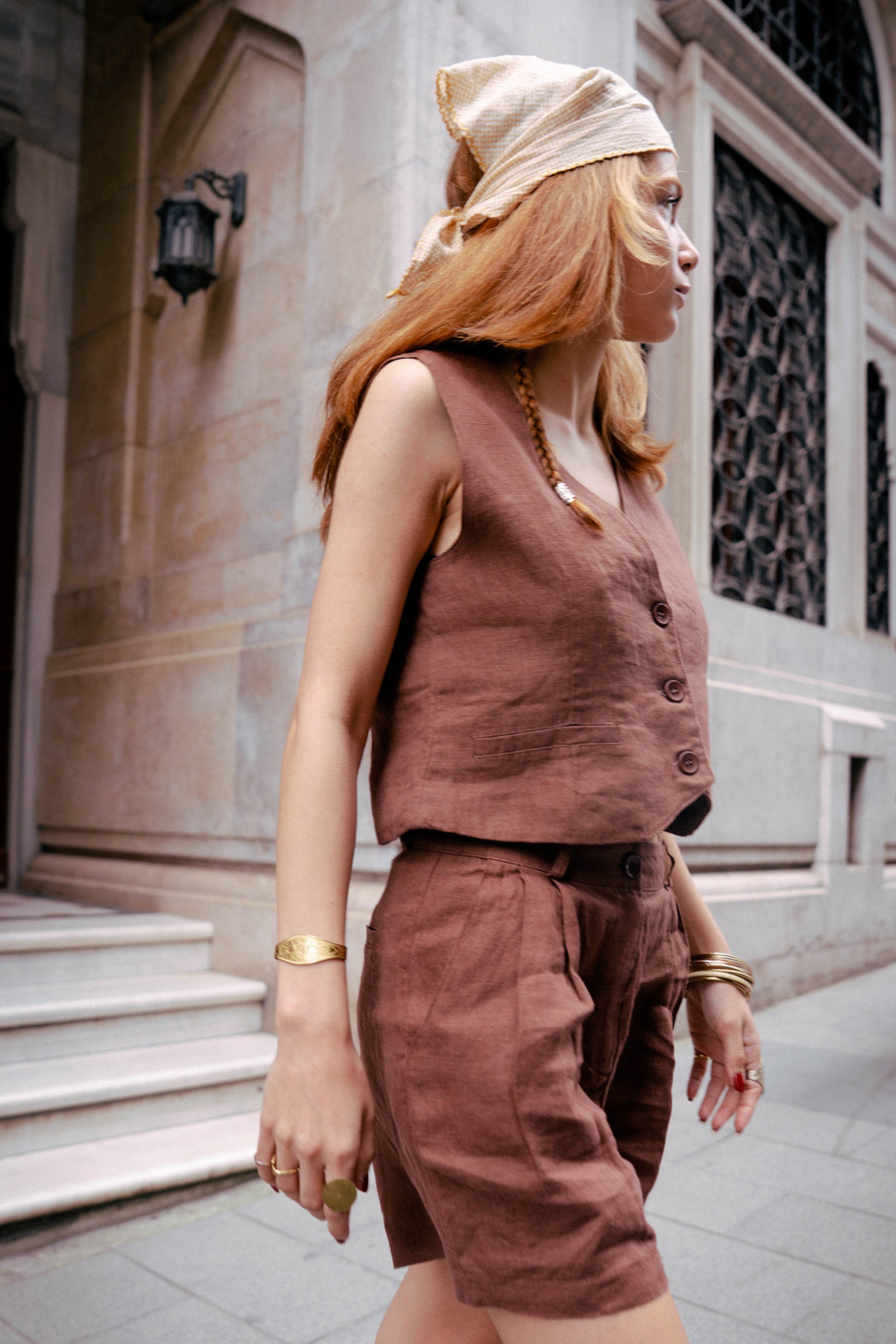 Astarlı & Cepli Keten Kahverengi Yelek Şort Takım