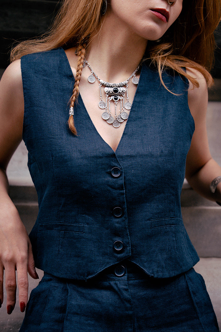 Astarlı & Cepli Keten Lacivert Yelek Şort Takım