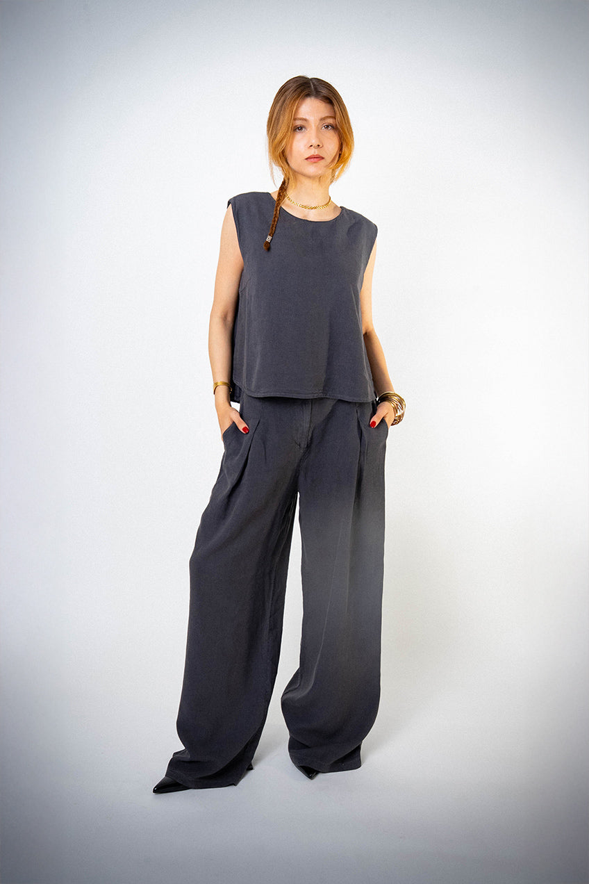 Dökümlü Antrasit Keten Bluz Pantolon Takım