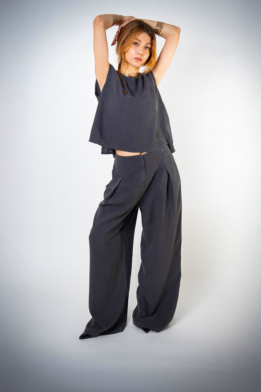 Dökümlü Antrasit Keten Bluz Pantolon Takım