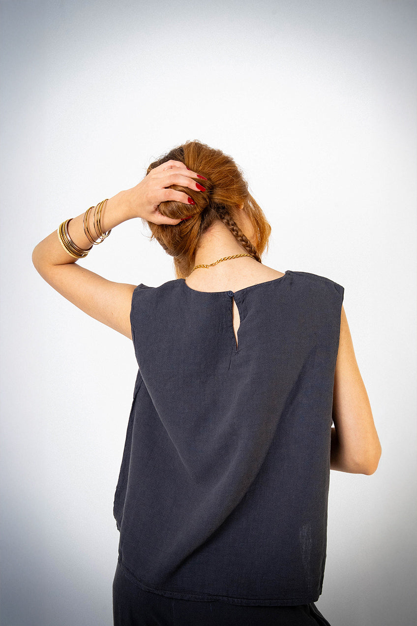 Dökümlü Antrasit Keten Bluz Pantolon Takım