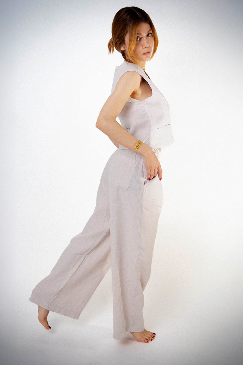 Astarlı & Cepli Keten Bej Yelek Pantolon Takım