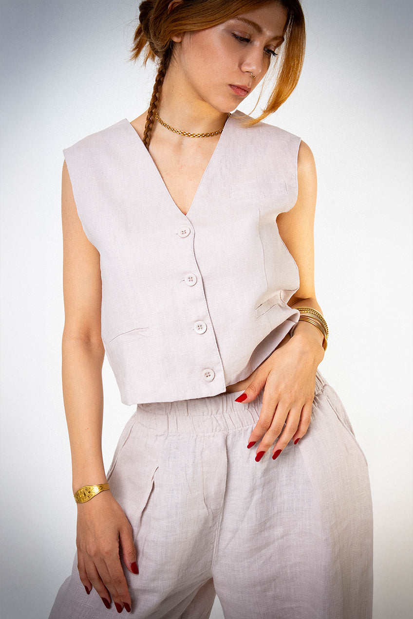 Dökümlü Bej Keten Bluz Pantolon Takım