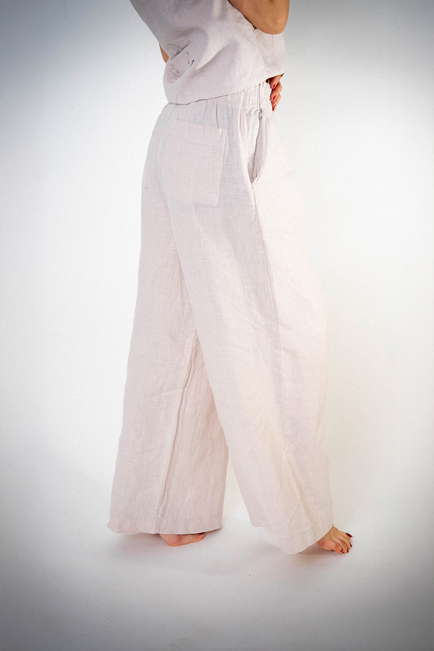 Dökümlü Bej Keten Bluz Pantolon Takım