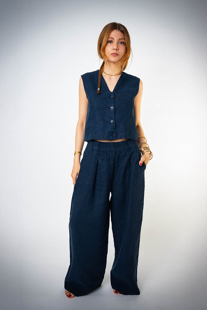 Astarlı & Cepli Keten Lacivert Yelek Pantolon Takım