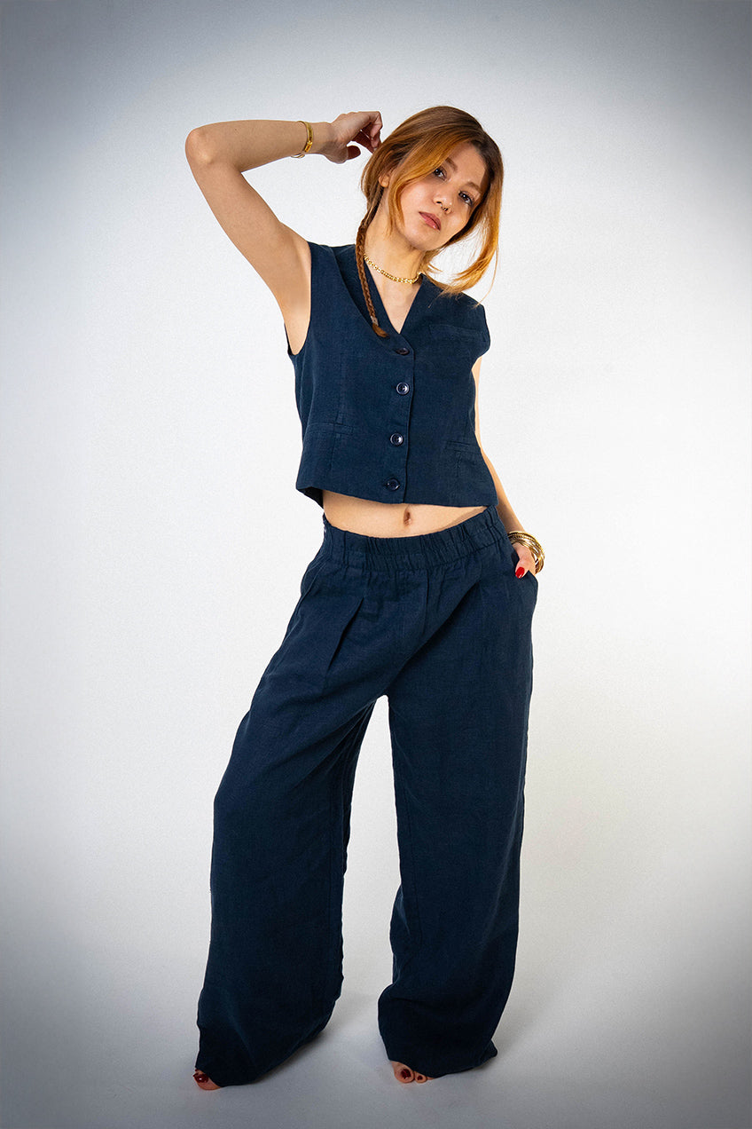 Astarlı & Cepli Keten Lacivert Yelek Pantolon Takım