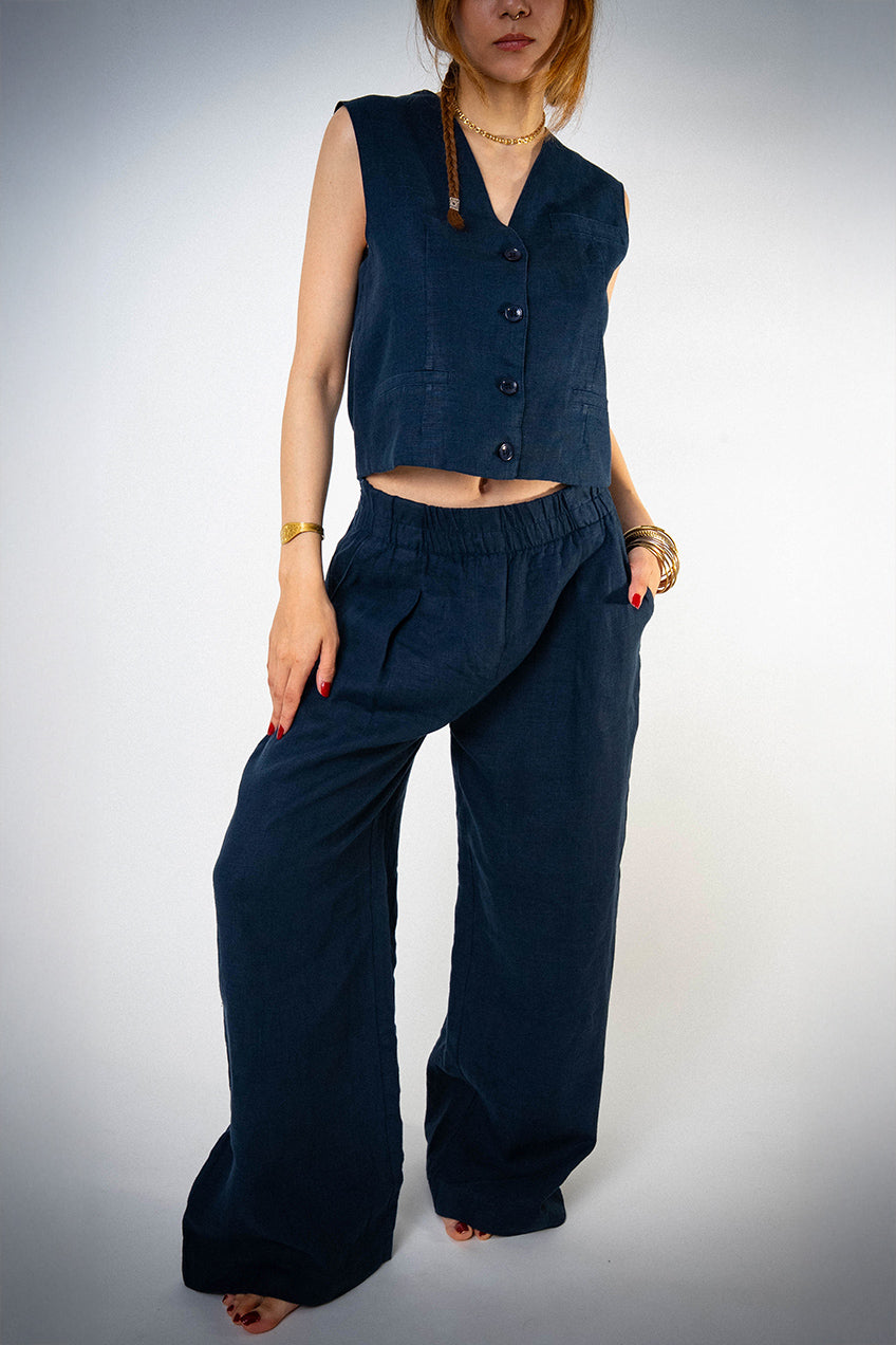 Astarlı & Cepli Keten Lacivert Yelek Pantolon Takım