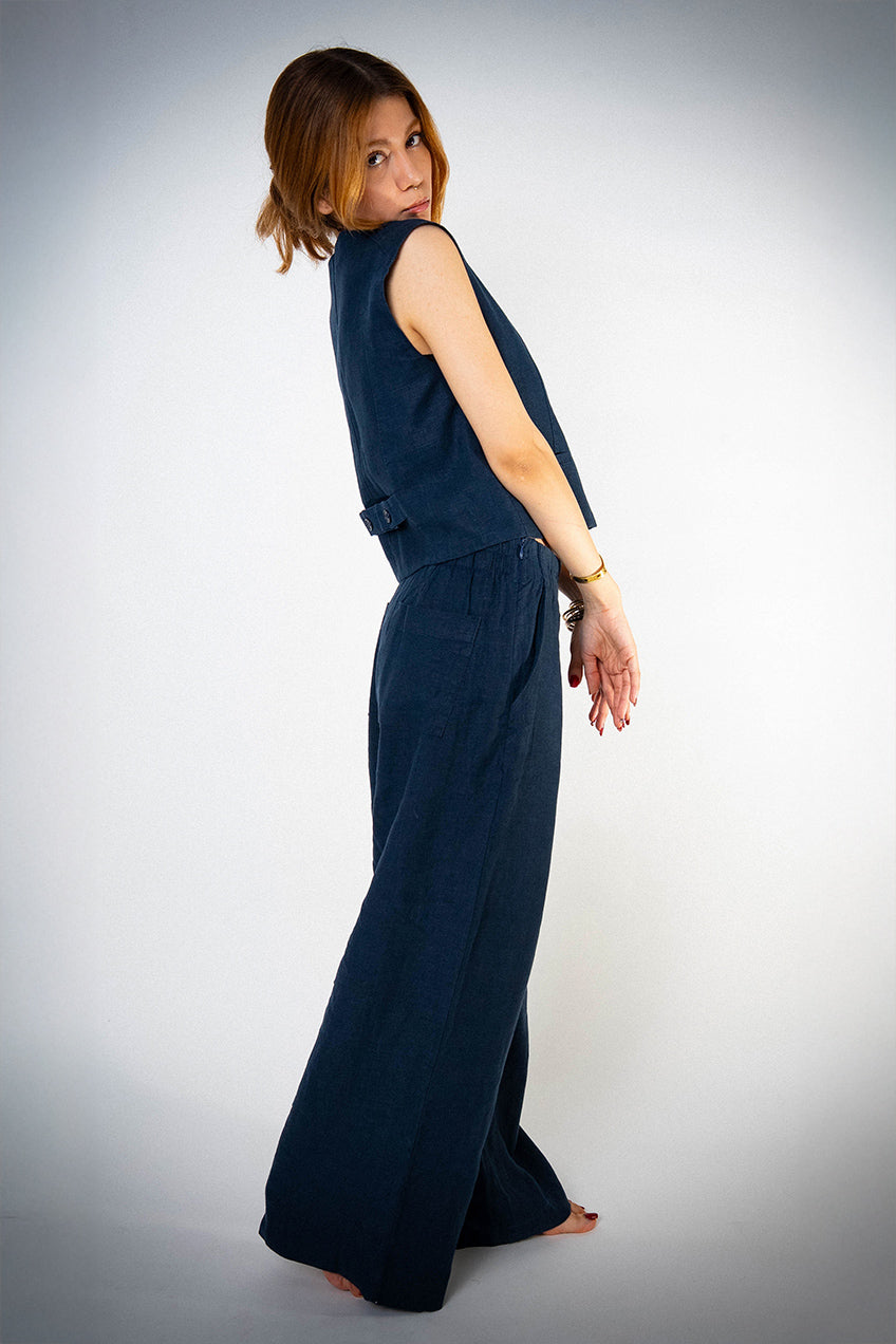 Astarlı & Cepli Keten Lacivert Yelek Pantolon Takım