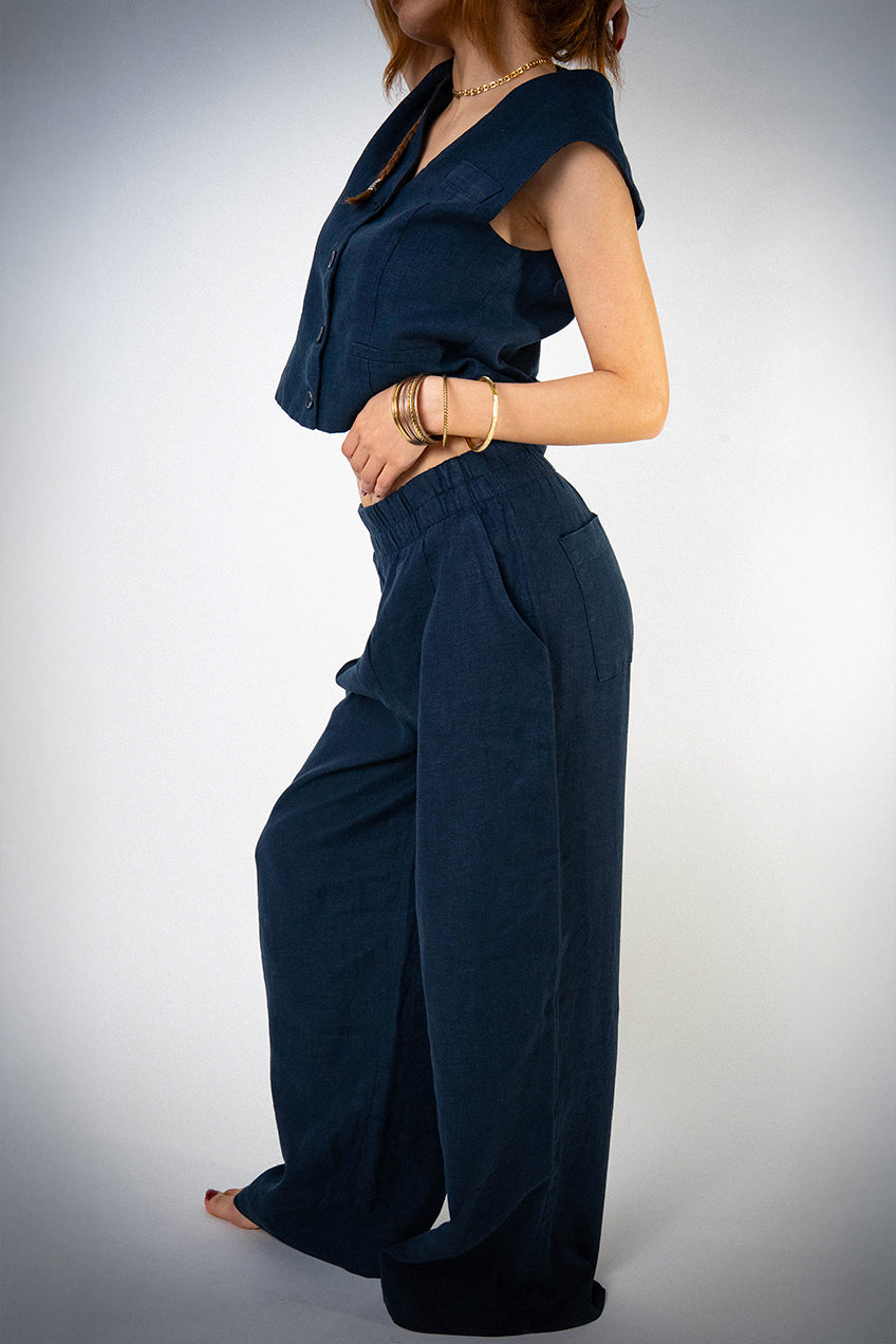 Astarlı & Cepli Keten Lacivert Yelek Pantolon Takım