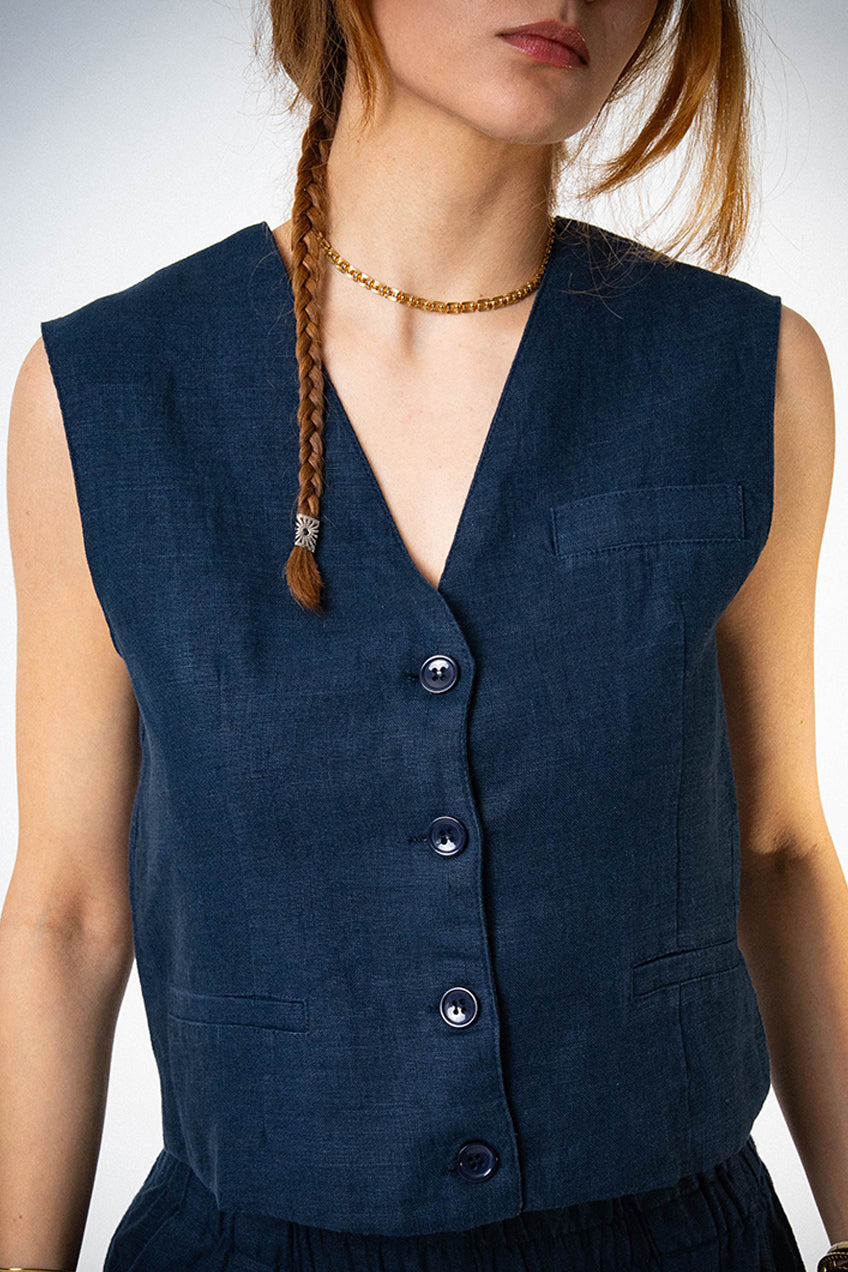 Astarlı & Cepli Keten Lacivert Yelek Pantolon Takım