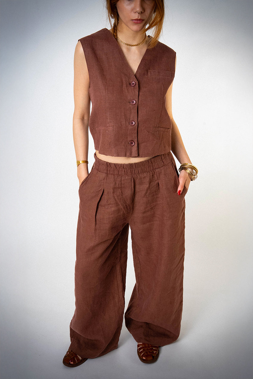 Astarlı & Cepli Keten Kahverengi Yelek Pantolon Takım