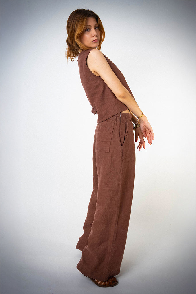 Astarlı & Cepli Keten Kahverengi Yelek Pantolon Takım