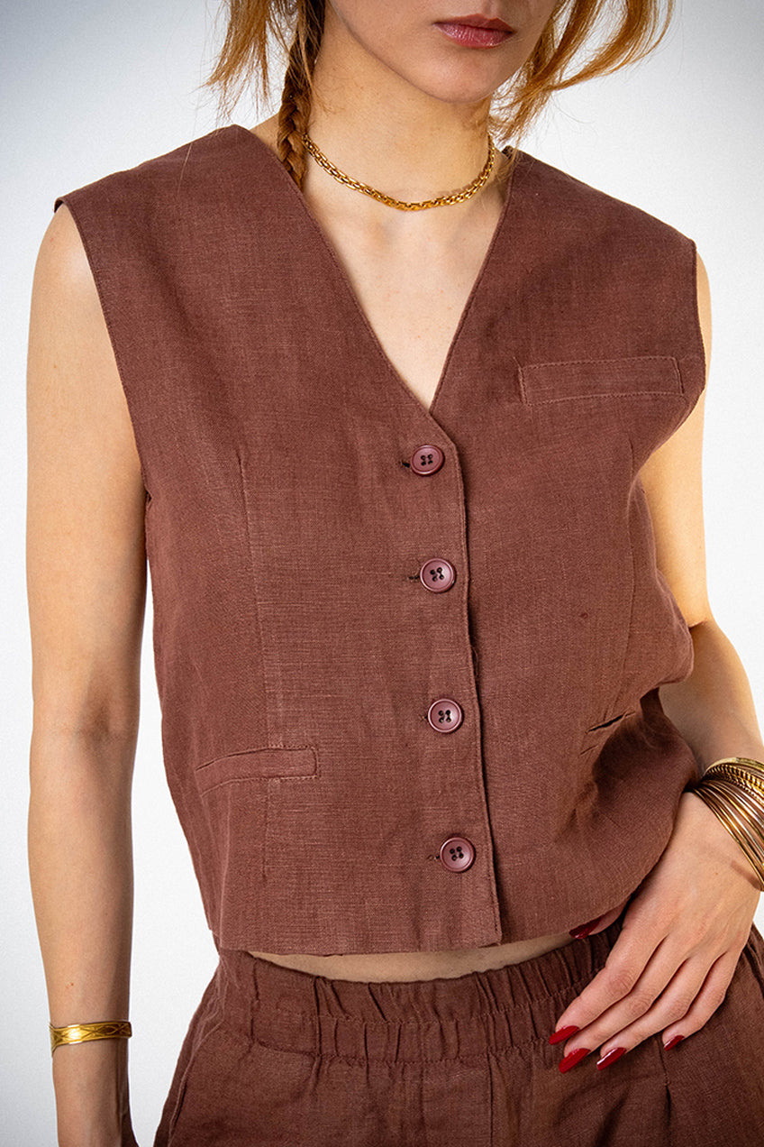 Astarlı & Cepli Keten Kahverengi Yelek Pantolon Takım