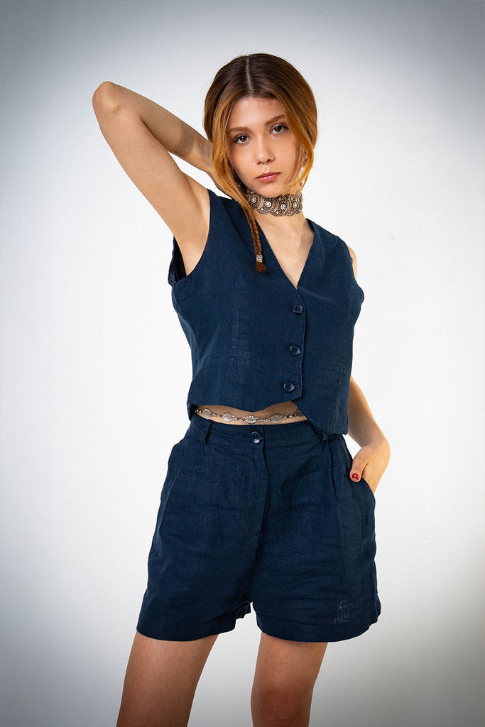 Astarlı & Cepli Keten Lacivert Yelek Şort Takım