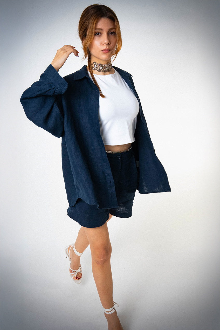 Keten Oversize Cepli Lacivert Gömlek