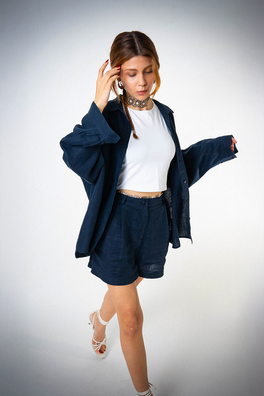 Keten Oversize Cepli Lacivert Gömlek