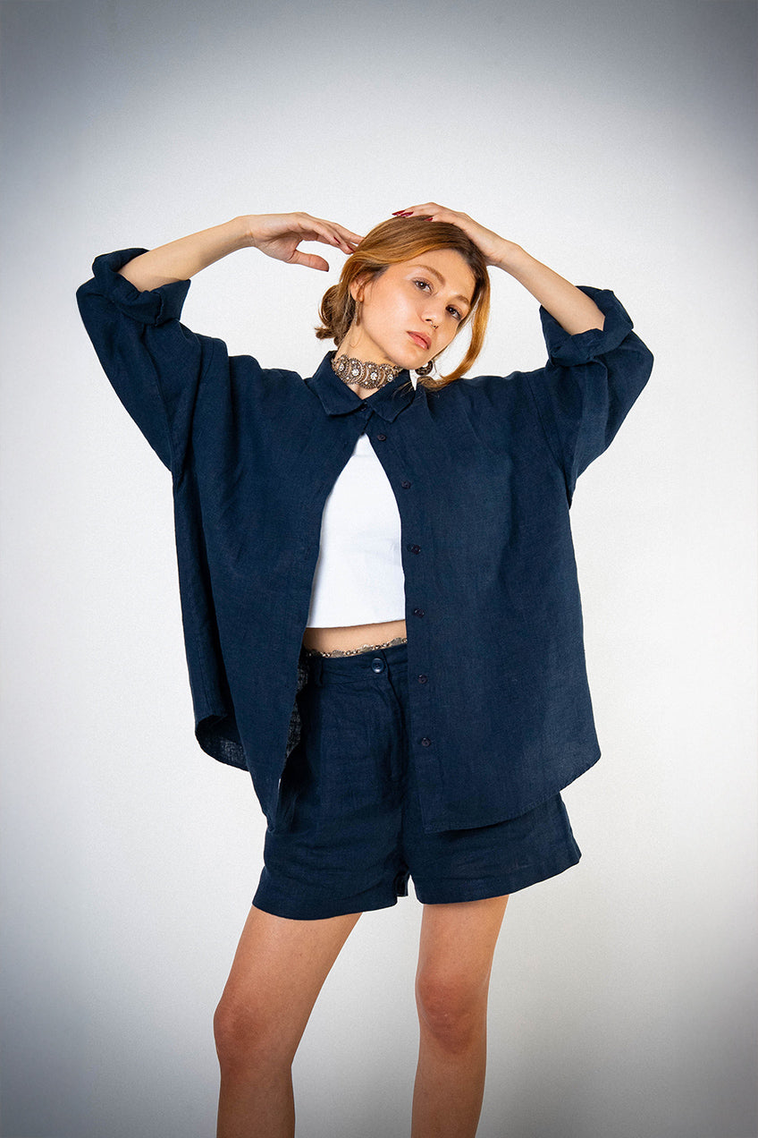 Keten Oversize Cepli Lacivert Gömlek