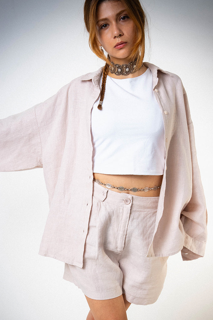 Keten Oversize Cepli Bej Gömlek