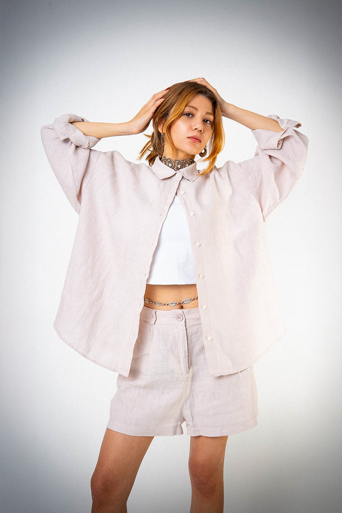 Keten Oversize Cepli Bej Gömlek