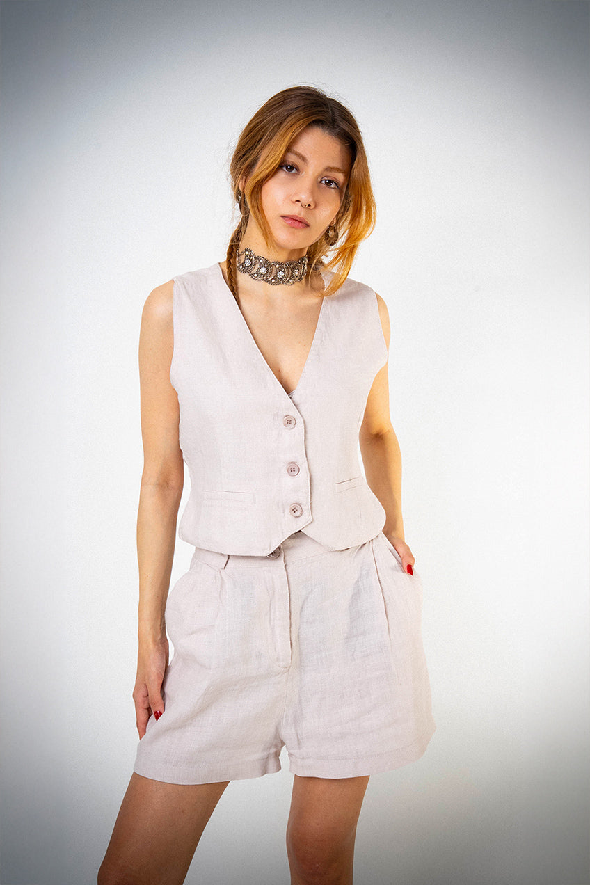 Astarlı & Cepli Keten Bej Yelek Şort Takım