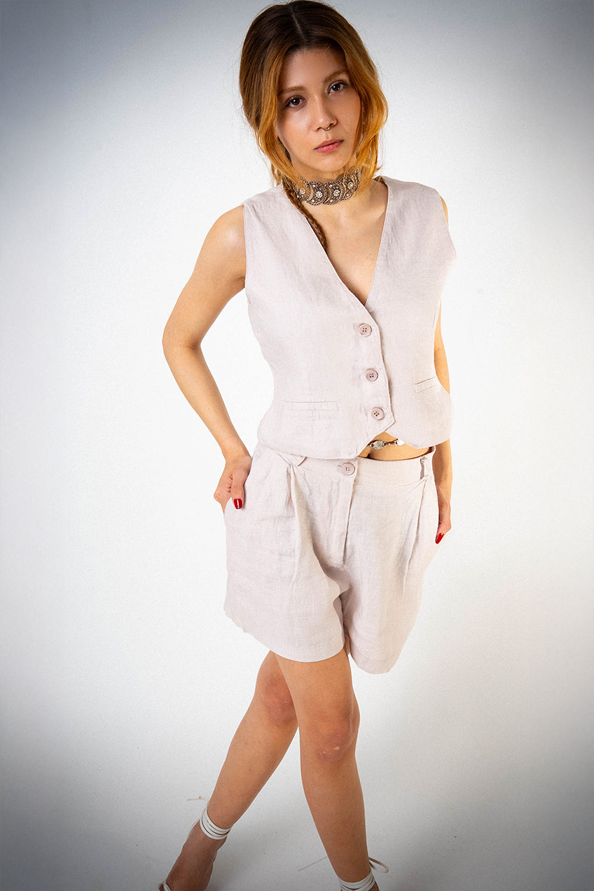 Astarlı & Cepli Keten Bej Yelek Şort Takım