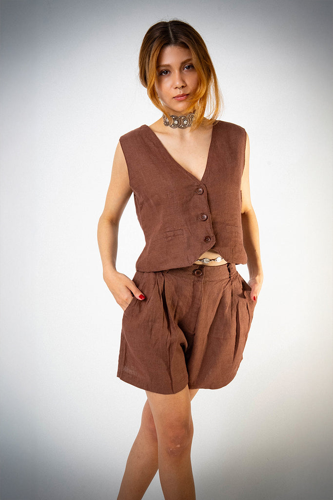 Astarlı & Cepli Keten Kahverengi Yelek Şort Takım