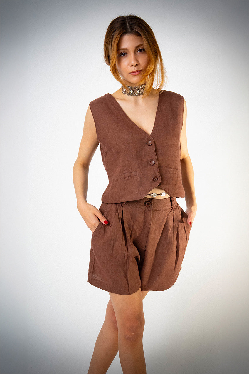 Astarlı & Cepli Keten Kahverengi Yelek Şort Takım