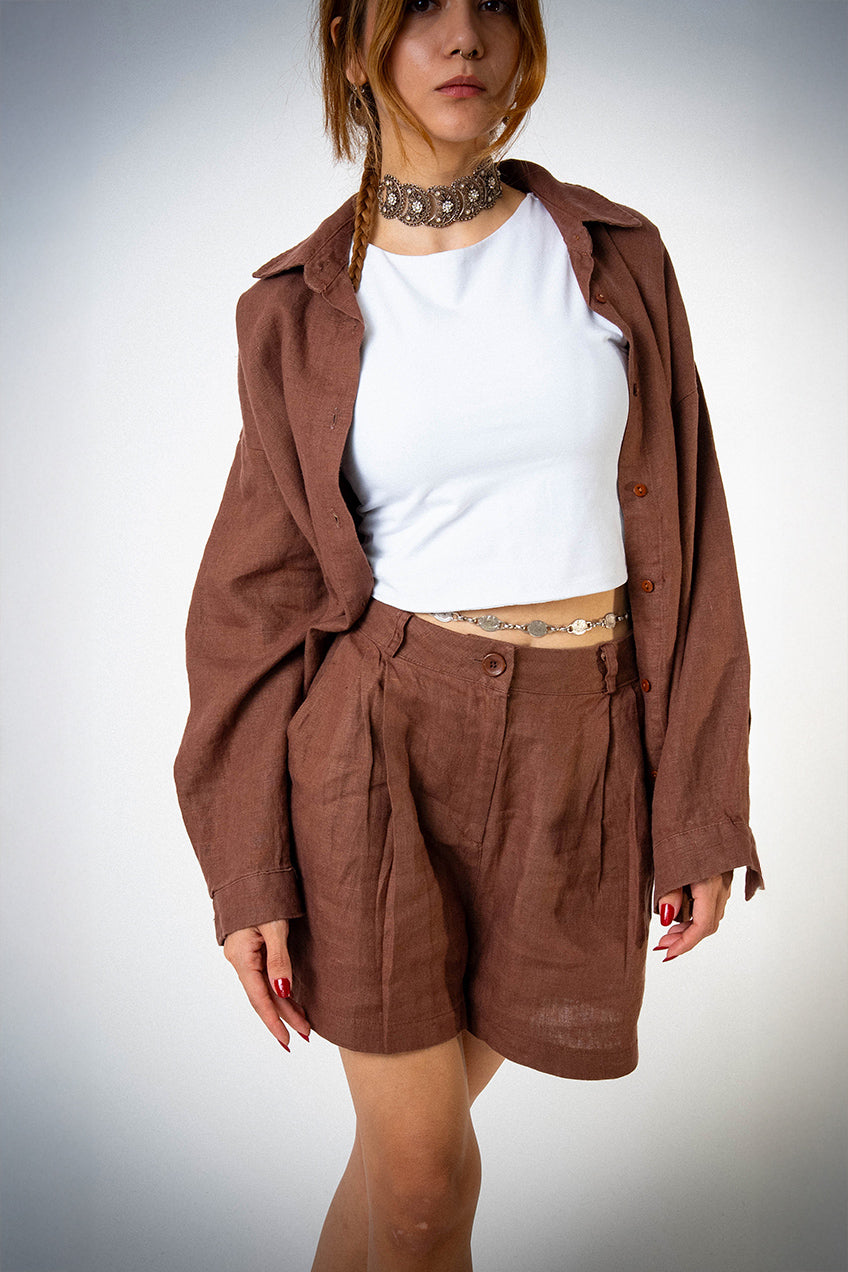 Keten Oversize Cepli Kahverengi Gömlek