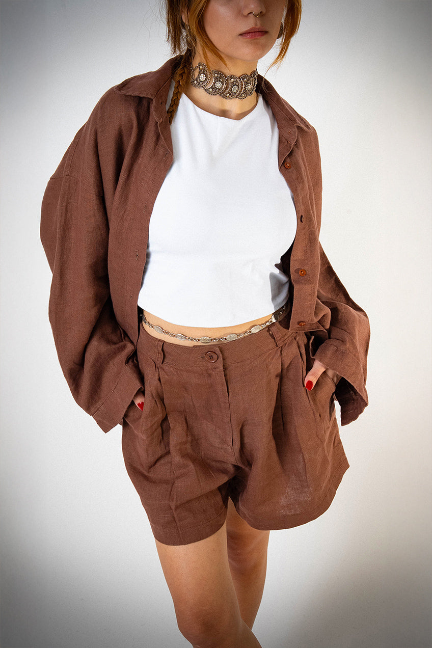 Keten Oversize Cepli Kahverengi Gömlek