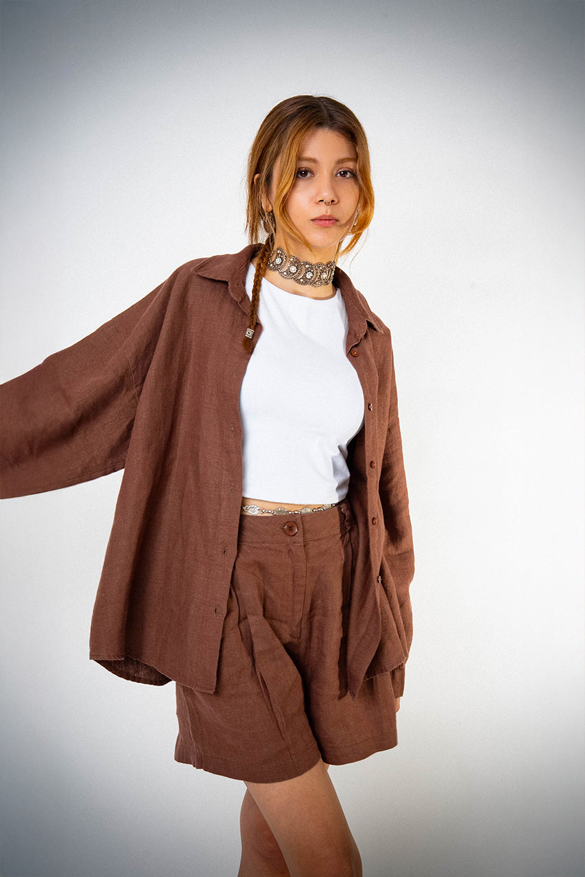 Keten Oversize Cepli Kahverengi Gömlek