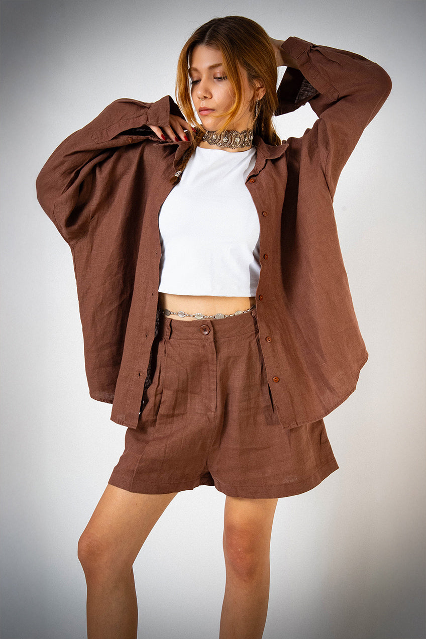 Keten Oversize Cepli Kahverengi Gömlek