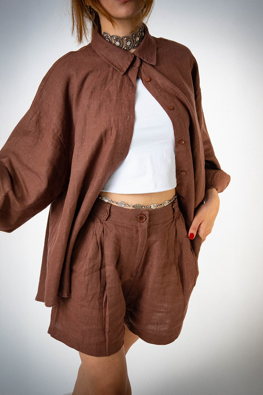 Keten Oversize Cepli Kahverengi Gömlek