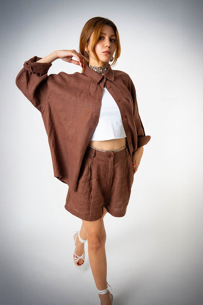 Keten Oversize Cepli Kahverengi Gömlek