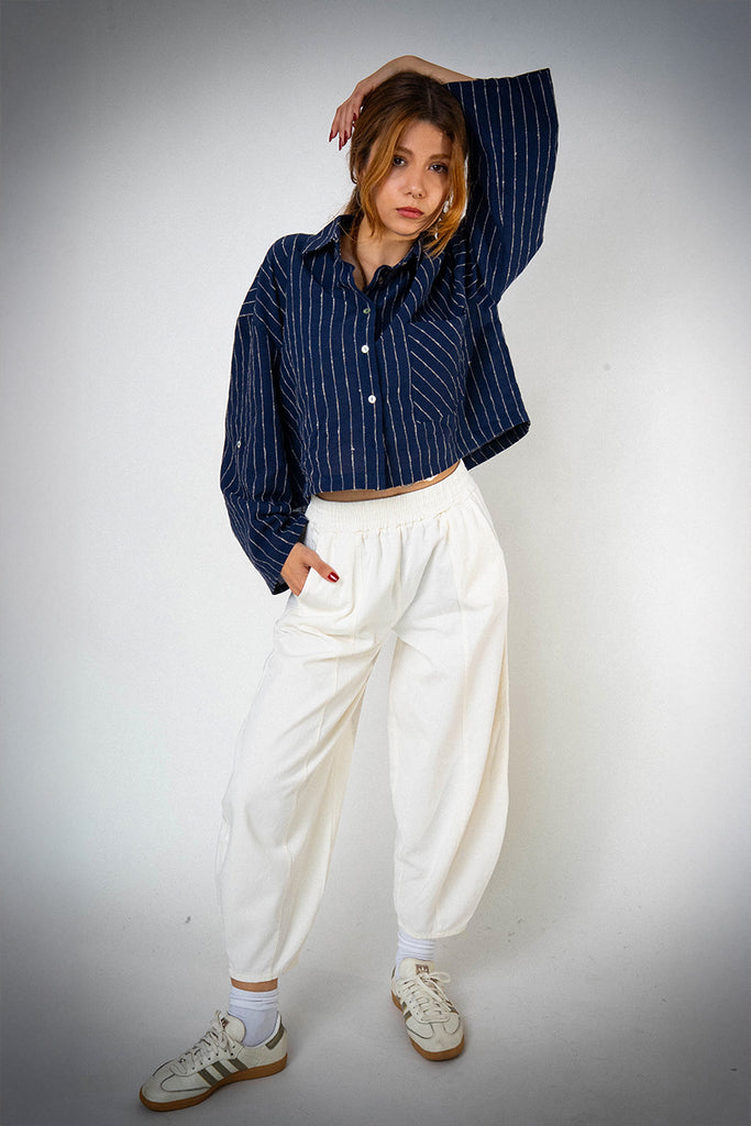 Keten Cepli Çizgili Lacivert Gömlek